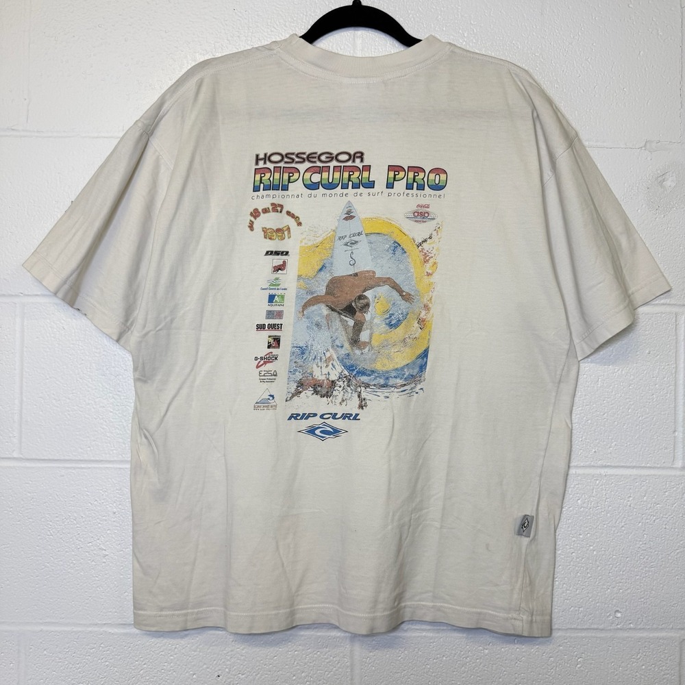 Vintage 90s Rip Curl Pro Surf Competition France Tee Shirt Sz M White Waves